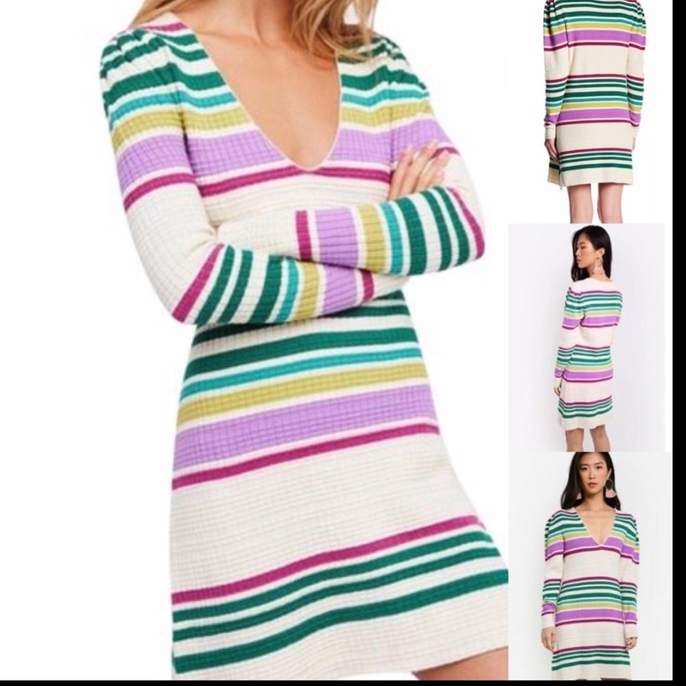 Free People knit dress Gidget v neck sweater stretch rainbow stripe long sleeve